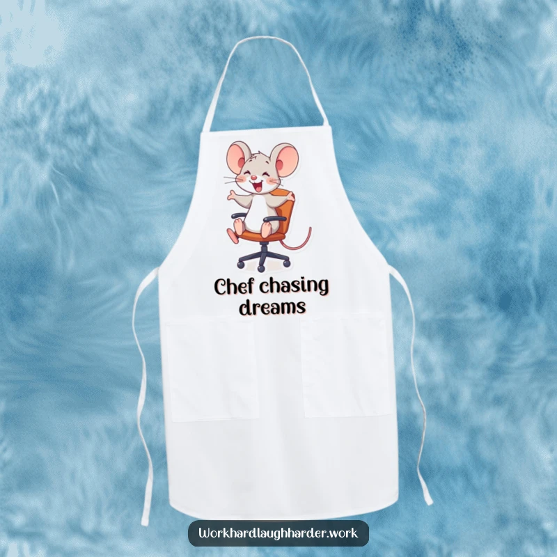 Funny joyful mouse comically riding an office chair on a functional and funny apron, perfect for kitchen fun and a funny gift.