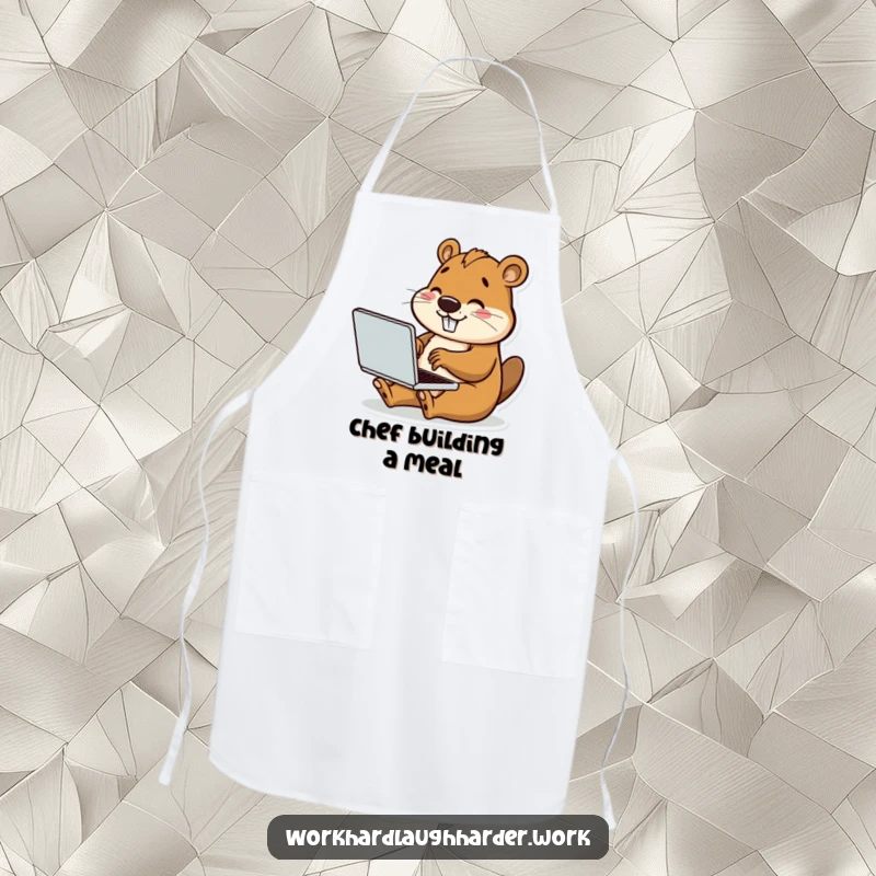 Funny apron showing a happy beaver typing on a tiny laptop, perfect for cooking with a dose of productive humor.