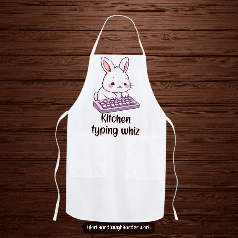 Funny fluffy rabbit typing enthusiastically on a keyboard, perfect for a coding or tech-themed apron.