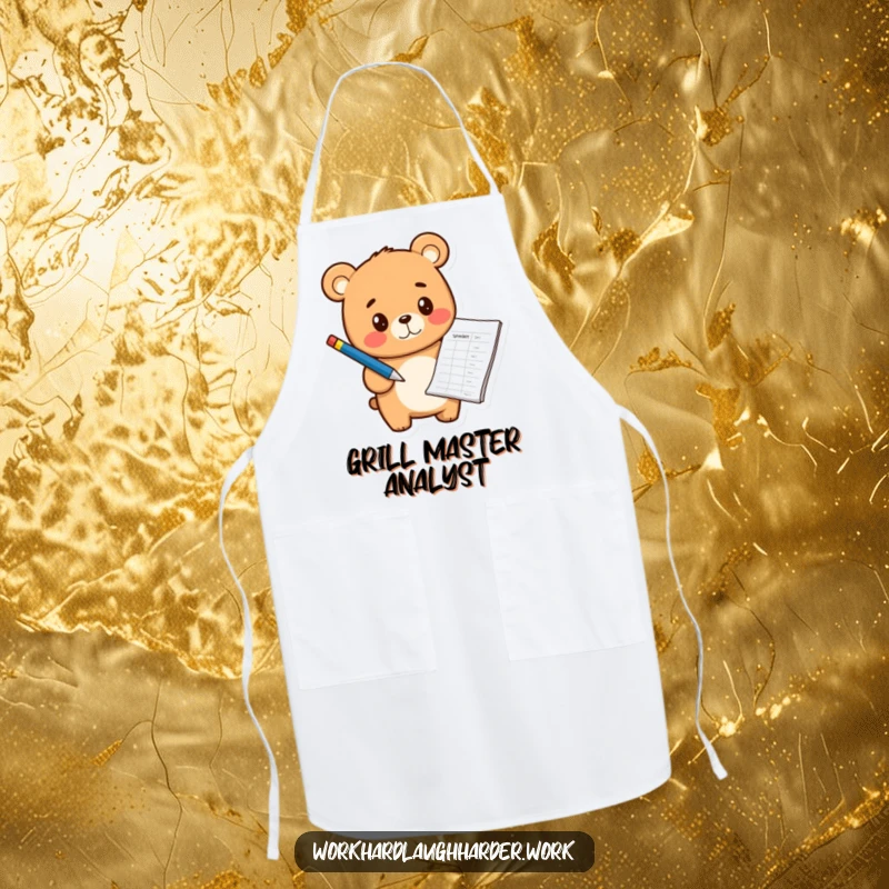 Funny cheerful bear cub holding a pen and pointing at a spreadsheet, perfect for a data-themed apron.