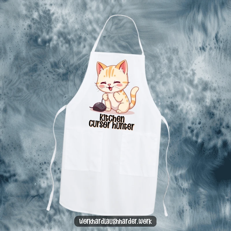 Funny apron showing a playful cat batting at a computer mouse cursor, perfect for cooking with a dose of feline tech humor.