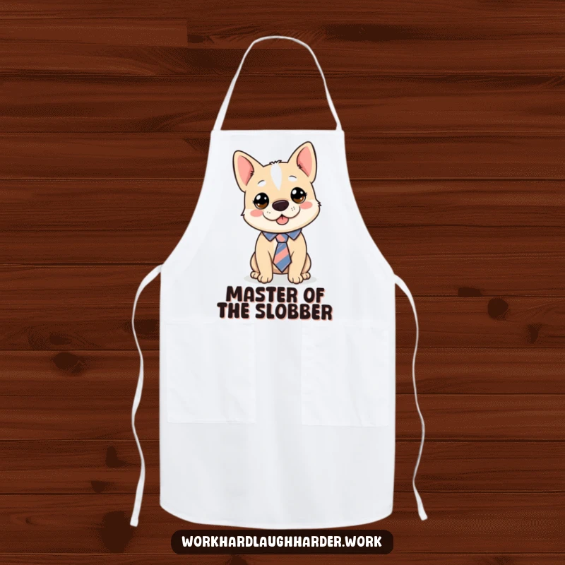 Funny dog in a comically askew tie, ready to cook, featured on a functional and funny apron, a great funny gift.