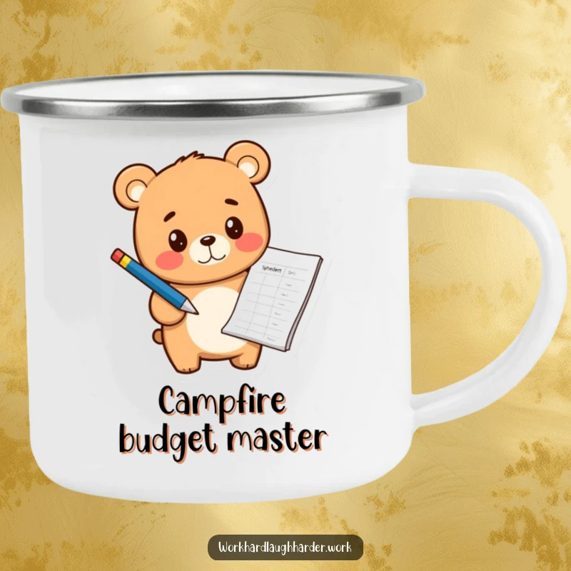 Funny cheerful bear cub holding a pen and pointing at a spreadsheet, printed on a durable enamel camping mug.