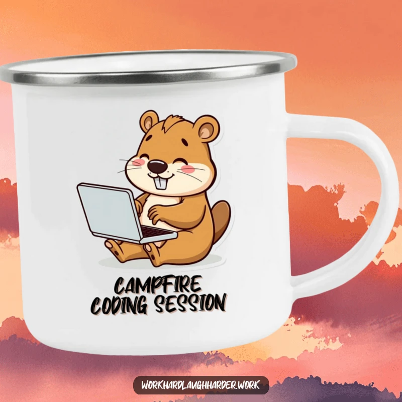 Funny camping mug featuring a beaver happily typing on a tiny laptop, perfect for enjoying beverages during outdoor work sessions.