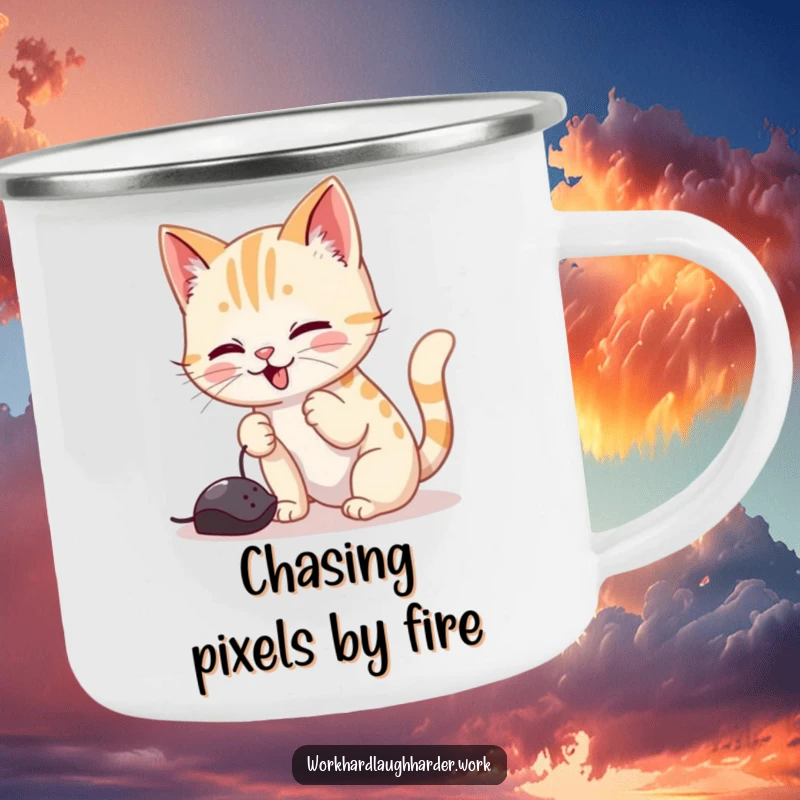 Funny camping mug featuring a playful cat batting at a computer mouse cursor, perfect for enjoying beverages during outdoor tech adventures.