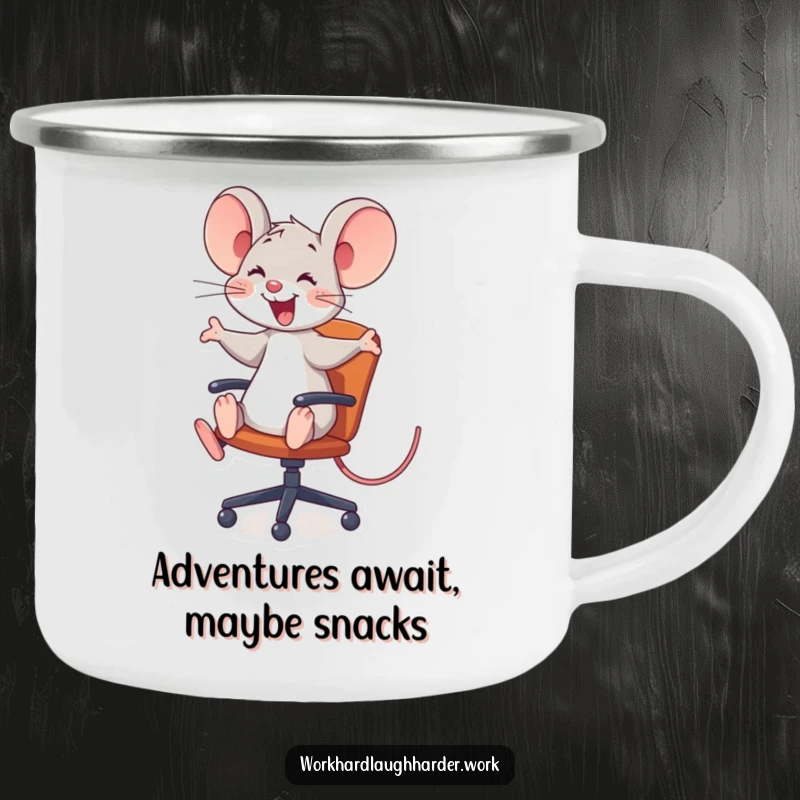 Funny joyful mouse riding an office chair comically on a durable camping mug, a fun and funny gift for outdoors.