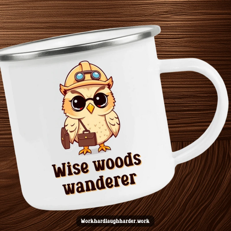 Funny cute owl wearing a hard hat and carrying a briefcase, printed on a durable enamel camping mug.