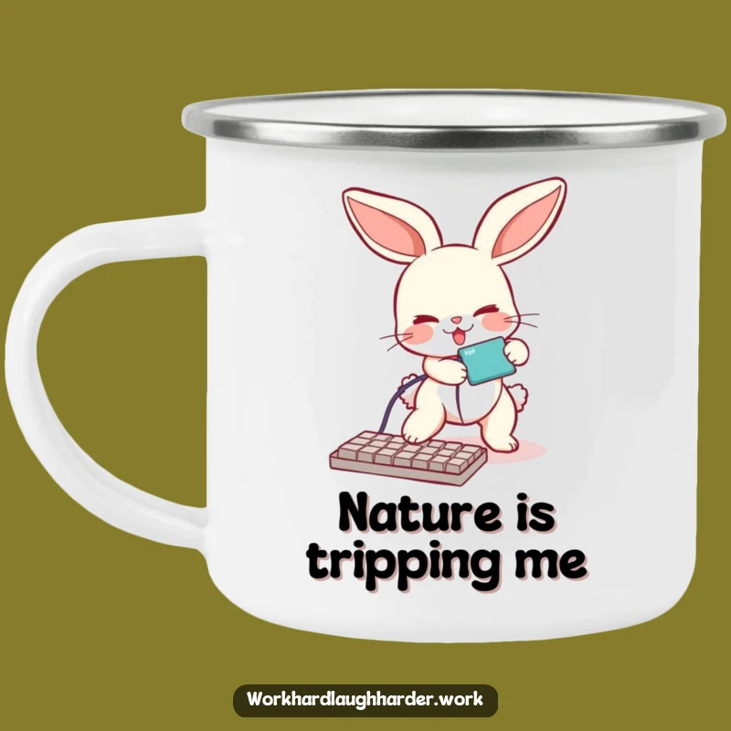 Funny Bunny Tripping Cable Camping Mug: Outdoor Tech Mishaps