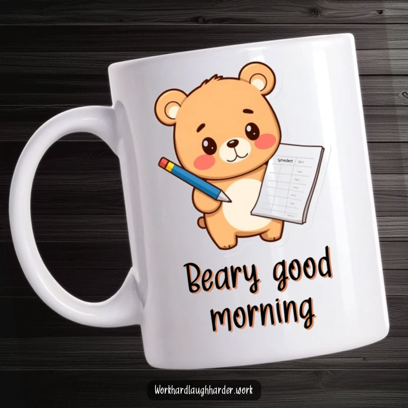 Funny cheerful bear cub holding a pen and pointing at a spreadsheet, embodying office productivity and cuteness.