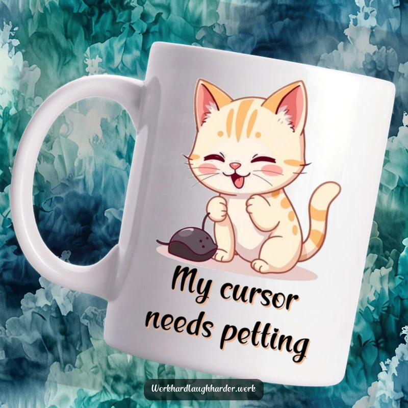 Funny mug featuring a playful cat comically batting at a dangling computer mouse cursor, capturing a moment of digital mischief.
