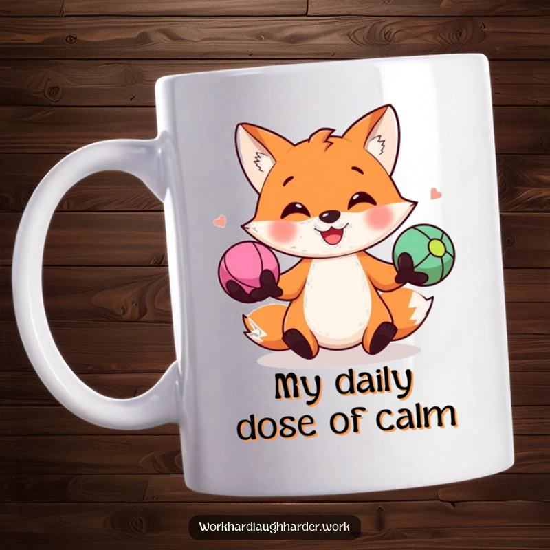 Funny mug with a happy fox expertly juggling three colorful stress balls, showcasing playful multitasking skills and a cheerful, optimistic attitude.