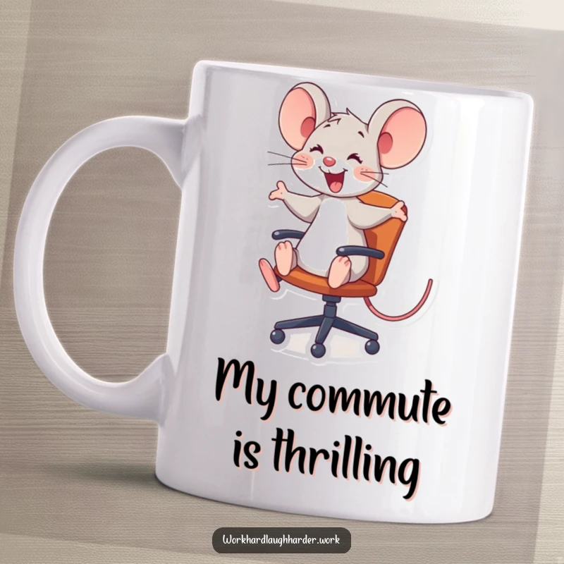 Funny joyful mouse character comically riding a rolling office chair, exuding energy and fun on a coffee mug, great gift.