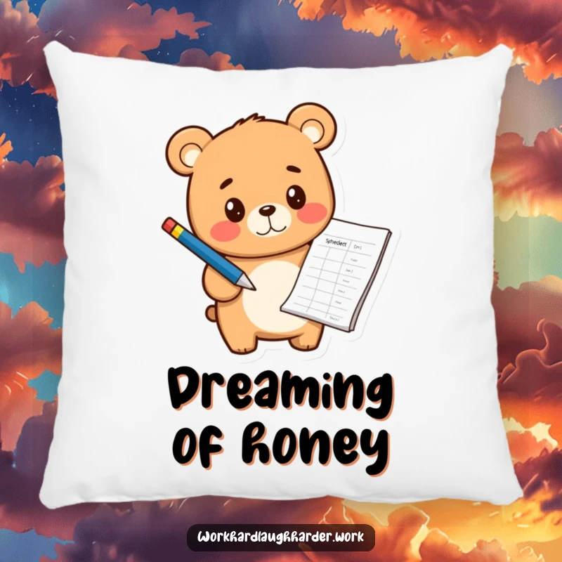 Funny cheerful bear cub holding a pen and pointing at a spreadsheet, depicted on a soft, plush pillow.