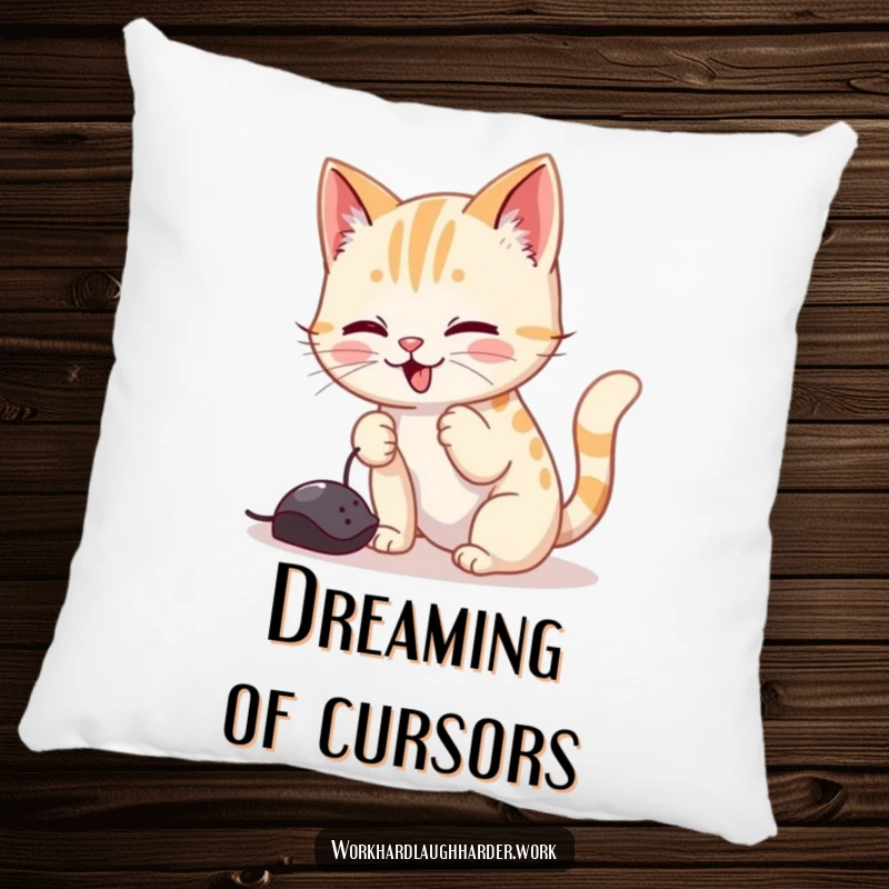 Funny pillow featuring a cat happily batting at a computer mouse cursor, offering cozy comfort and amusingly playful tech interaction.