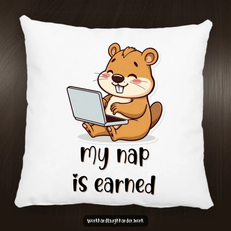 Funny pillow featuring a beaver happily typing on a tiny laptop, offering cozy comfort and amusingly productive vibes.