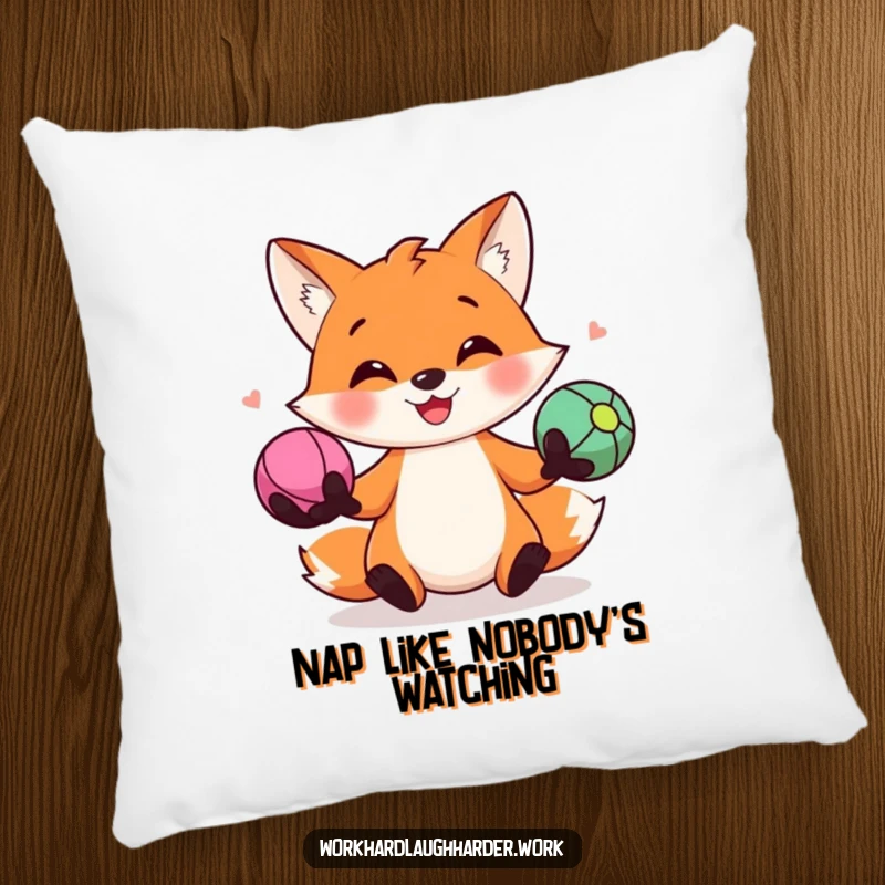 Funny pillow with a happy fox juggling three colorful stress balls, offering a soft touch of humor and playful decor.