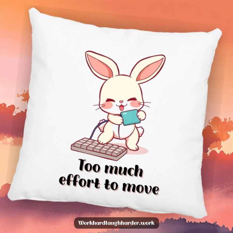 Funny pillow featuring a bunny hilariously tripping over a keyboard cable, offering comfort and comical tech-related charm.