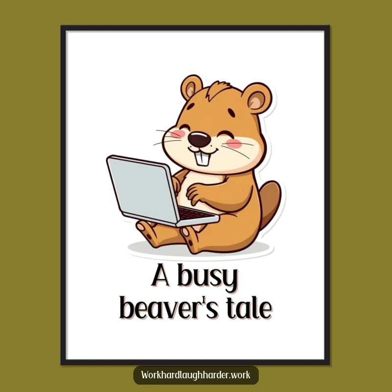 Funny Beaver Typing Laptop Digital Art: Cute & Productive Decor
