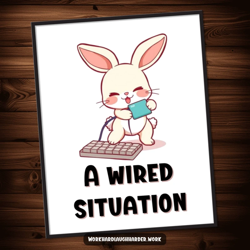 Funny digital art print of a bunny comically tripping over a keyboard cable, offering instant, humorous tech decor.