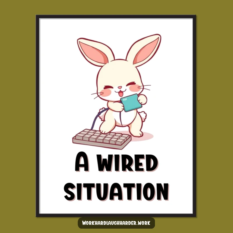 Funny Bunny Tripping Cable Digital Art: Hilarious Tech Decor
