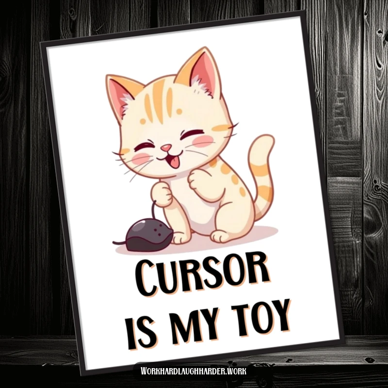 Funny digital art print of a playful cat batting at a computer mouse cursor, offering instant feline tech humor for decor.