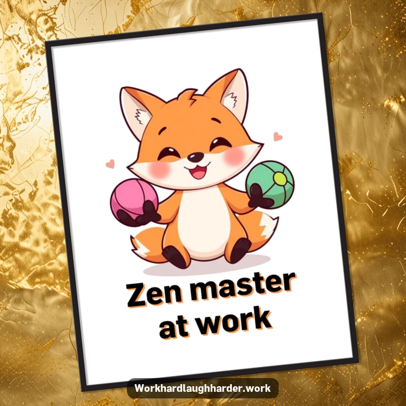 Funny digital art print of a cheerful fox skillfully juggling three colorful stress balls, a high-resolution image full of playful energy.