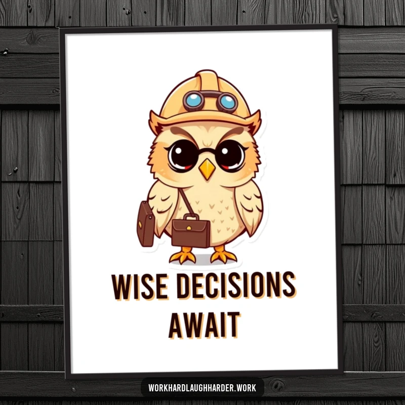 Funny cute owl wearing a hard hat and carrying a briefcase, available as a high-resolution digital art print.