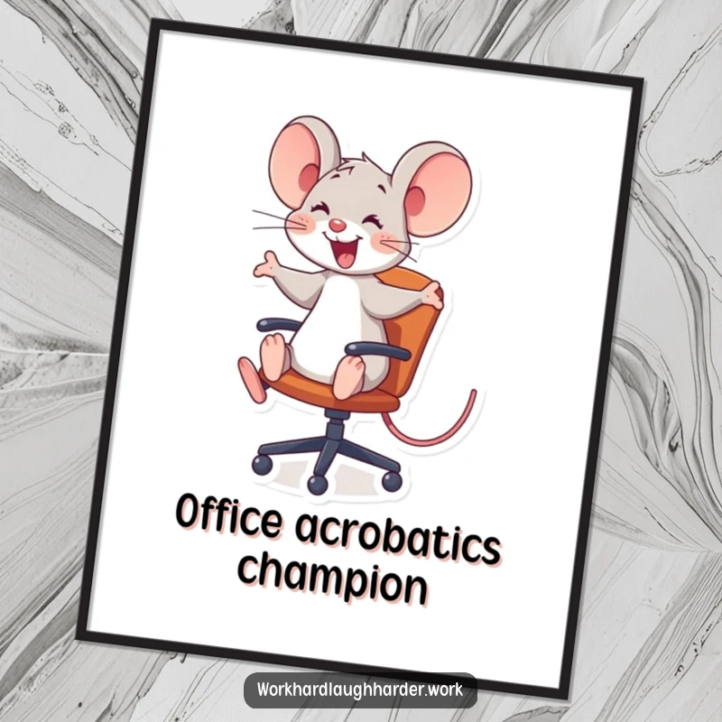 Funny joyful mouse comically riding a rolling office chair, creating a humorous and energetic digital art print, ideal funny gift.