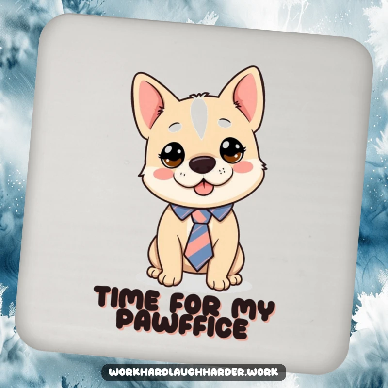 Funny dog character with a comically askew tie on a drink coaster, offering humorous surface protection and a funny gift.