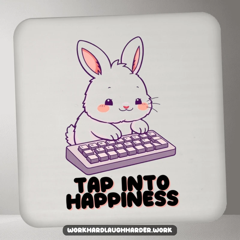 Funny fluffy rabbit typing enthusiastically on a keyboard, designed as a set of protective drink coasters.