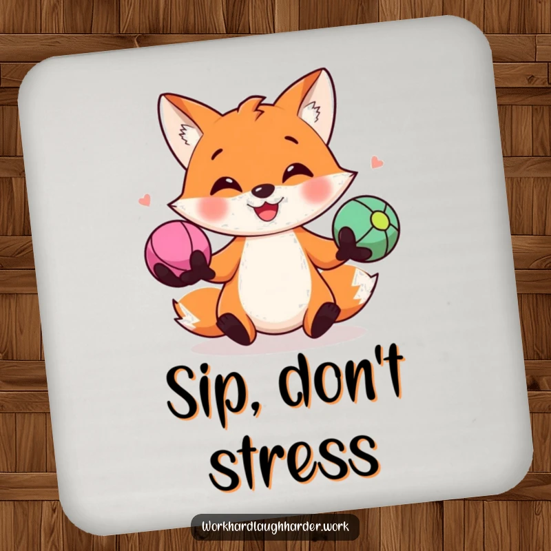 Funny drink coaster depicting a smiling fox juggling three colorful stress balls, adding a touch of playful protection to your tables.
