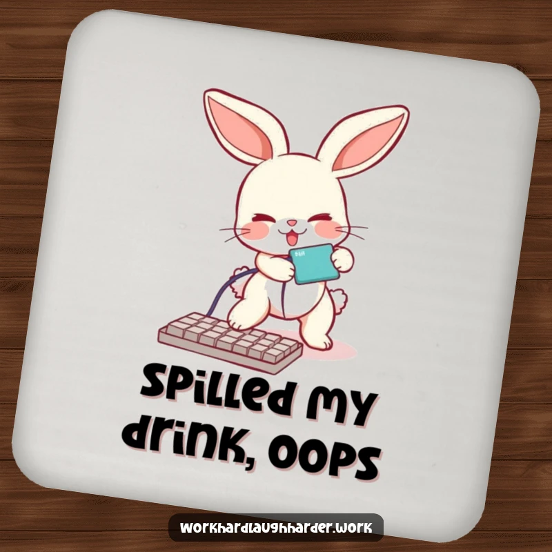 Funny drink coaster featuring a bunny comically tripping over a keyboard cable, protecting tables with humorous tech-related charm.