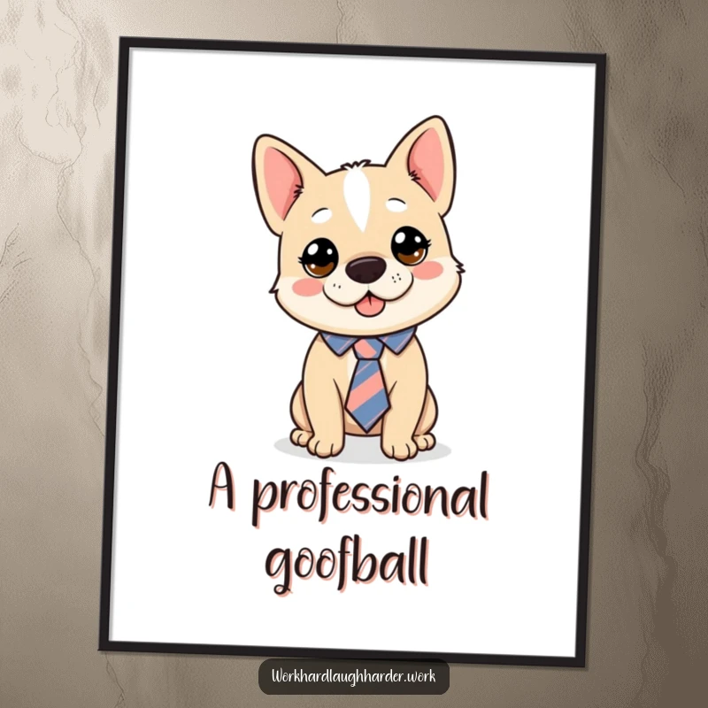 Funny dog character comically wearing a tie askew, creating a humorous and charming wall art piece, perfect funny gift.