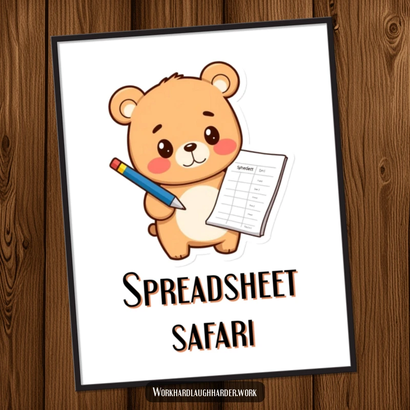 Funny cheerful bear cub holding a pen and pointing at a spreadsheet, printed as a motivational poster.
