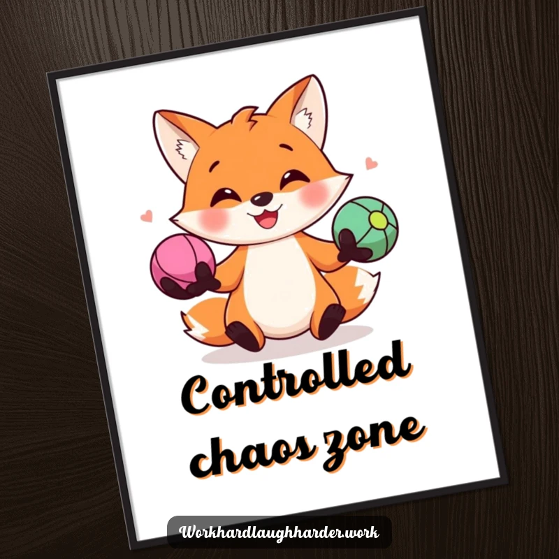 Funny poster featuring a smiling fox juggling three colorful stress balls with impressive skill, capturing a moment of playful accomplishment.
