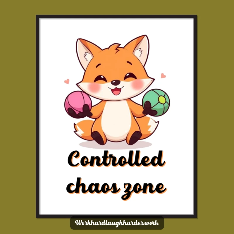 Funny Fox Juggling Poster: Vibrant Stress Ball Art Print, Hilarious Wall Decor Gift