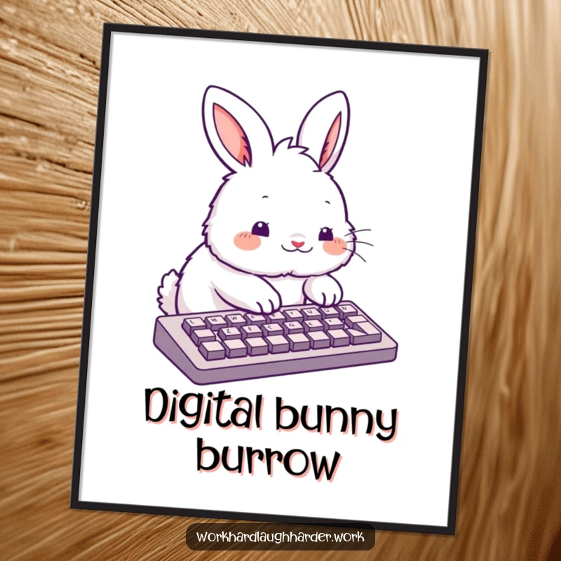 Funny fluffy rabbit typing enthusiastically on a keyboard, printed as a whimsical poster.