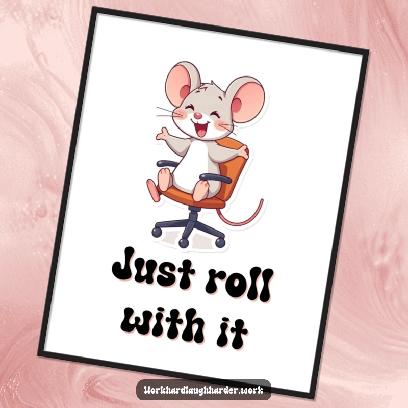 Funny joyful mouse comically riding a rolling office chair, creating a humorous and dynamic wall art, perfect funny gift.