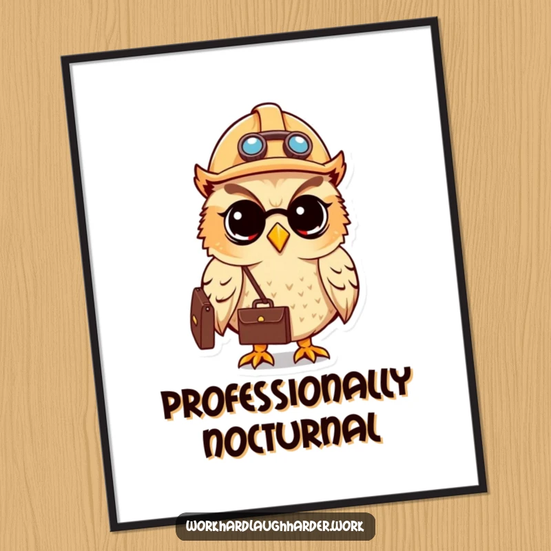 Funny cute owl wearing a hard hat and carrying a briefcase, printed as a motivational poster.