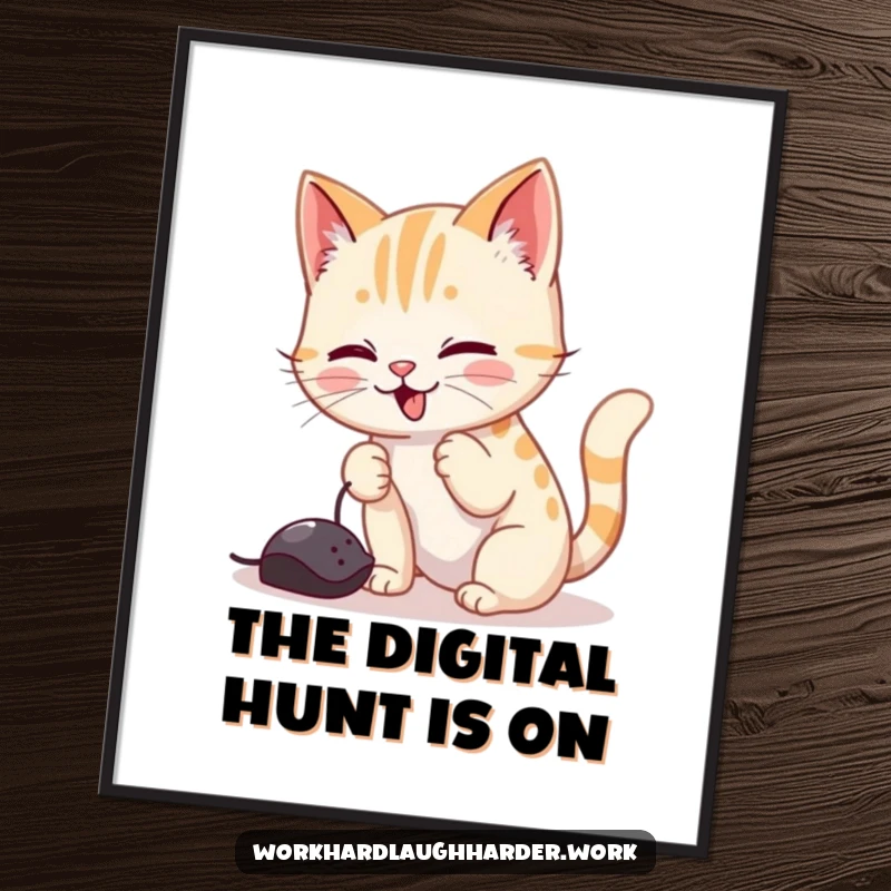 Funny wall art poster of a cat comically batting at a dangling mouse cursor, bringing playful tech humor to any room.