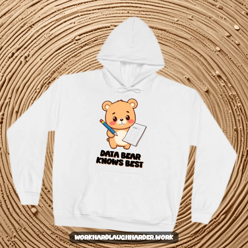 Funny cheerful bear cub holding a pen and pointing at a spreadsheet, featured on a warm, cozy hoodie.