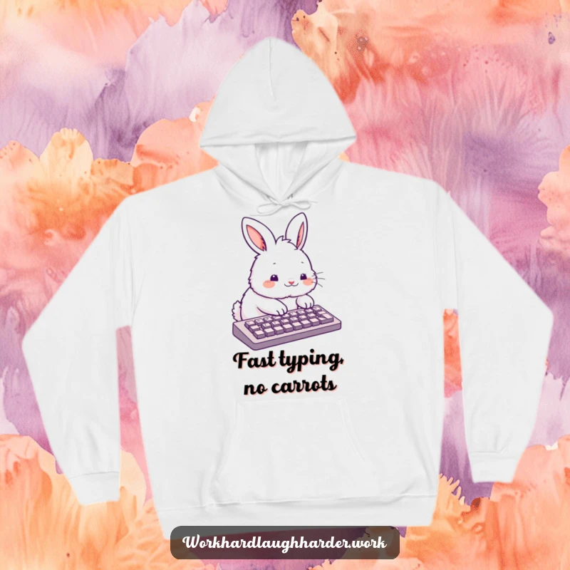 Funny fluffy rabbit typing enthusiastically on a keyboard, featured on a warm, cozy hoodie.