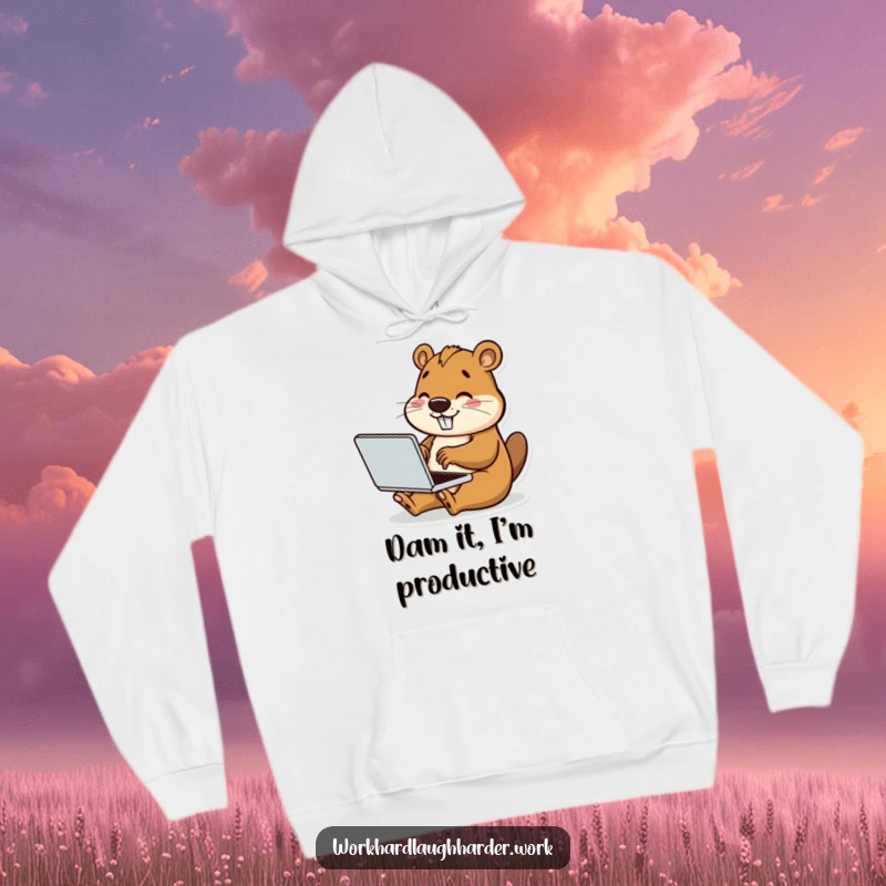 Funny hoodie featuring a beaver happily typing on a tiny laptop, offering warmth and amusingly productive vibes.