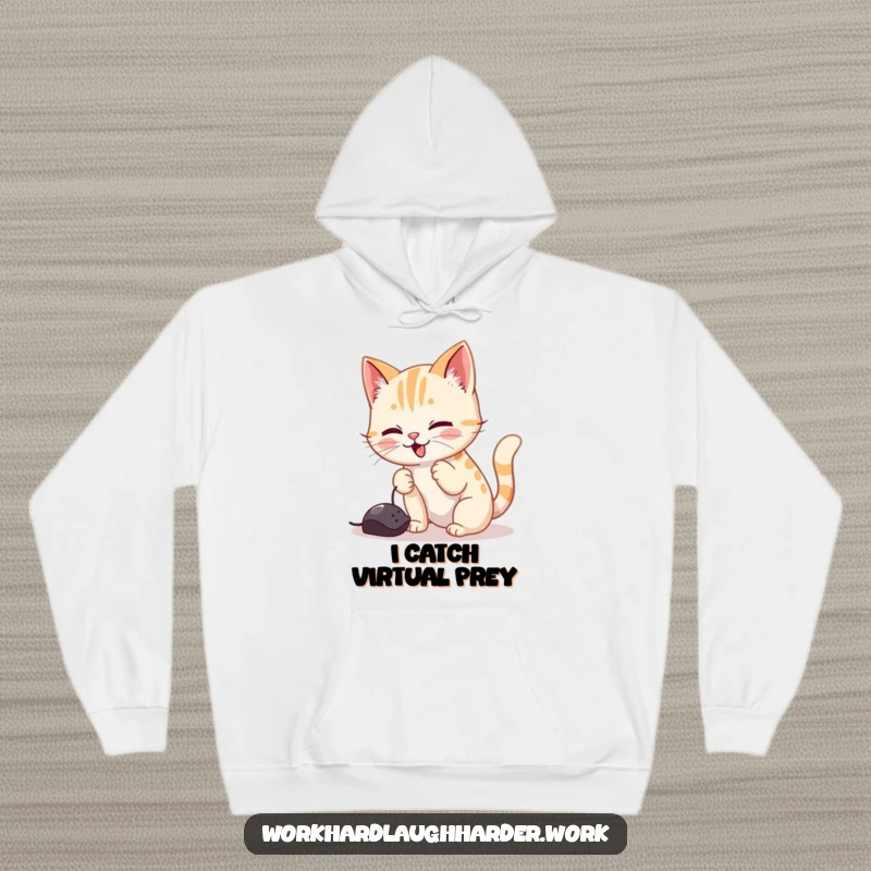 Funny hoodie featuring a cat happily batting at a computer mouse cursor, offering warmth and amusingly playful tech interaction.