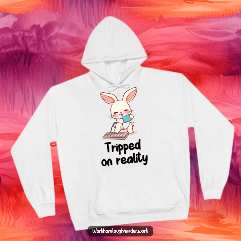Funny hoodie featuring a bunny hilariously tripping over a keyboard cable, offering warmth and comical tech-related humor.