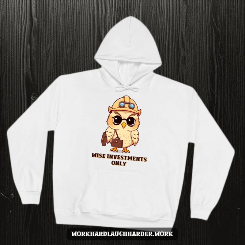 Funny cute owl wearing a hard hat and carrying a briefcase, featured on a warm, cozy hoodie.