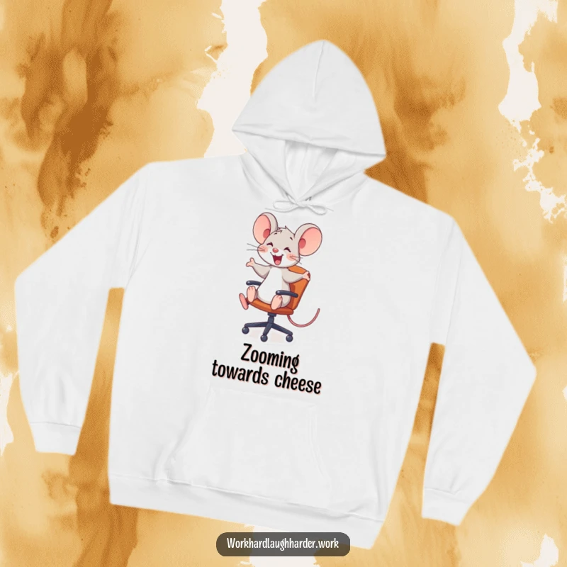 Funny joyful mouse riding an office chair comically, featured on a warm hoodie, perfect for a cozy and funny gift.
