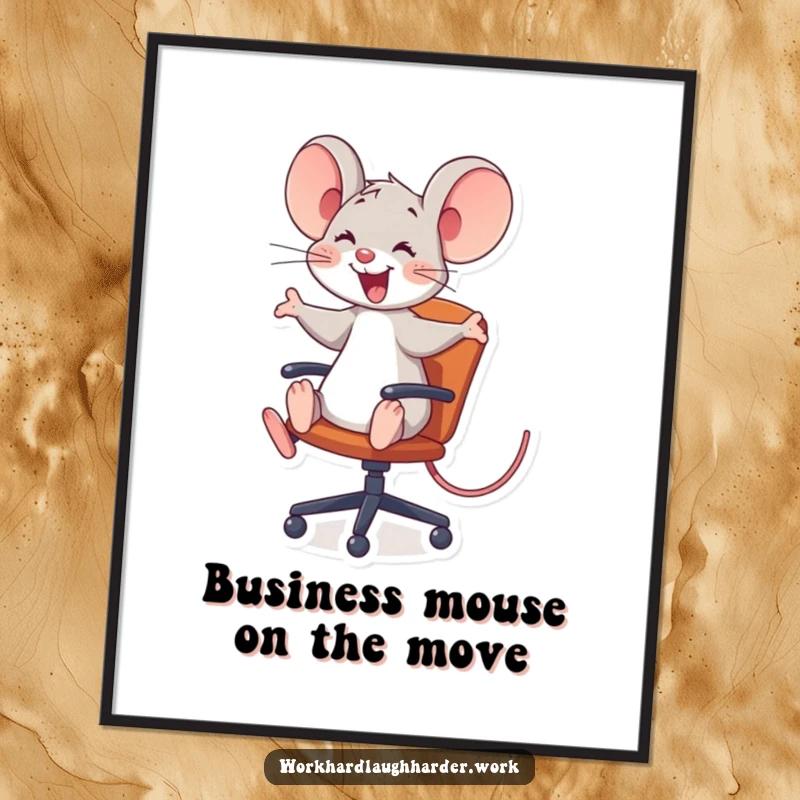 Funny Free Printable Wall Art of a happy mouse comically riding a rolling office chair with glee.