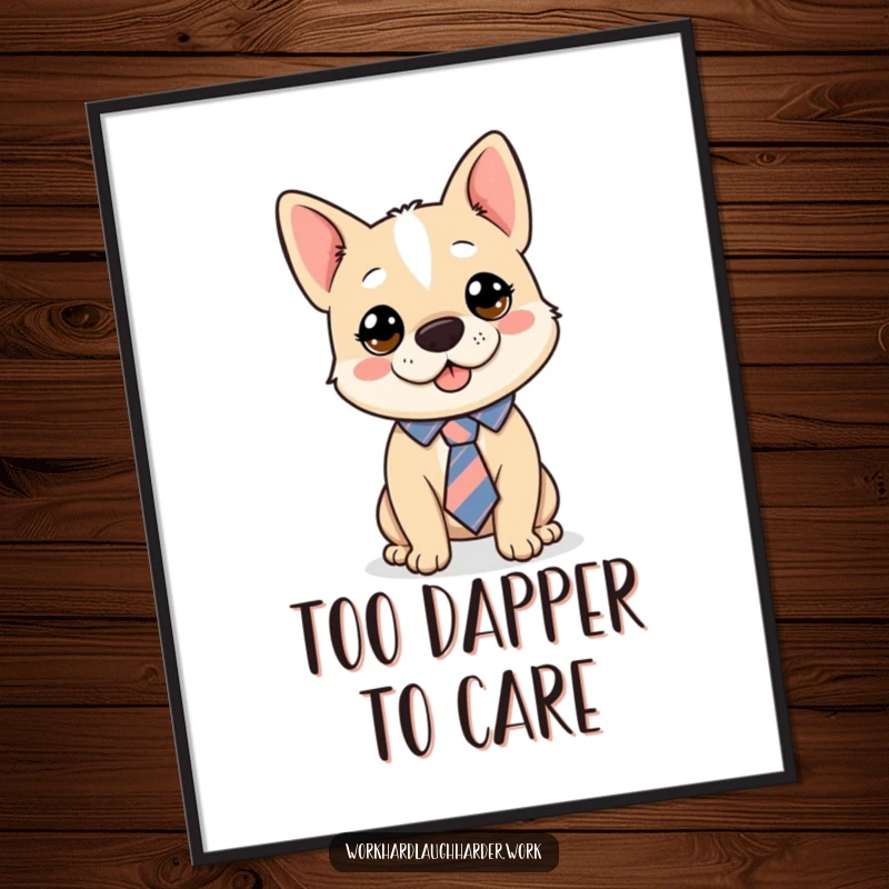 Funny Free Printable Wall Art of a dog humorously wearing a tie that's completely askew.