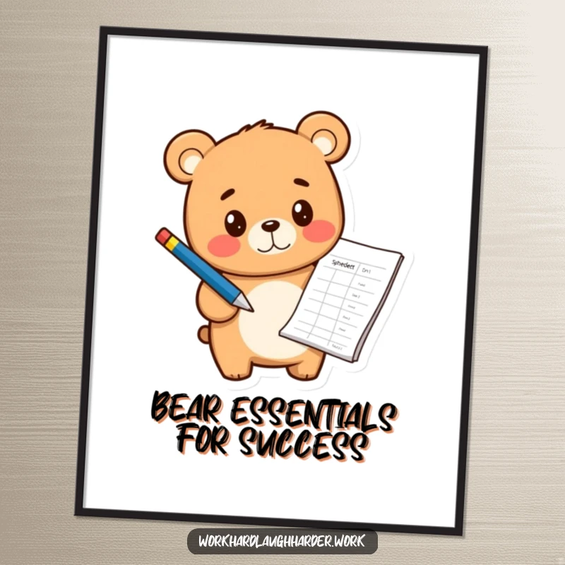 Funny Free Printable Wall Art: Cheerful Bear Cub pointing at a detailed spreadsheet with a pen, looking focused and happy.